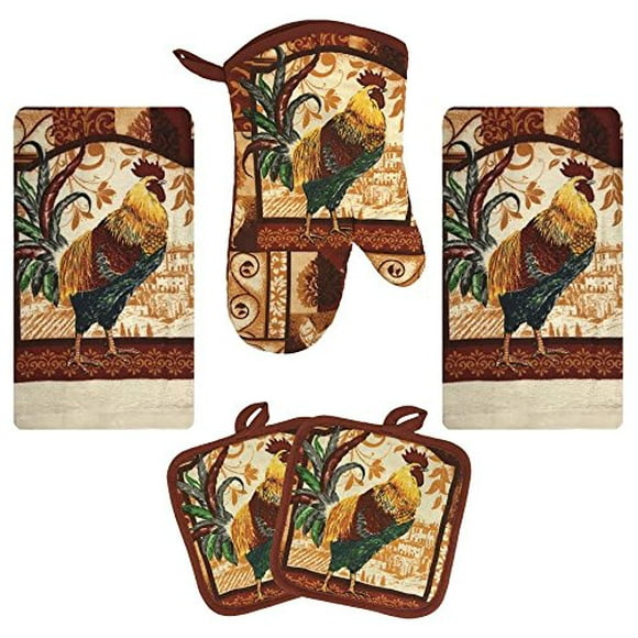 Kitchen Towel Set 5 Piece Towels Pot Holders Oven Mitt Decorative Design Everyday Use (5 Piece Set, Farm Rooster)
