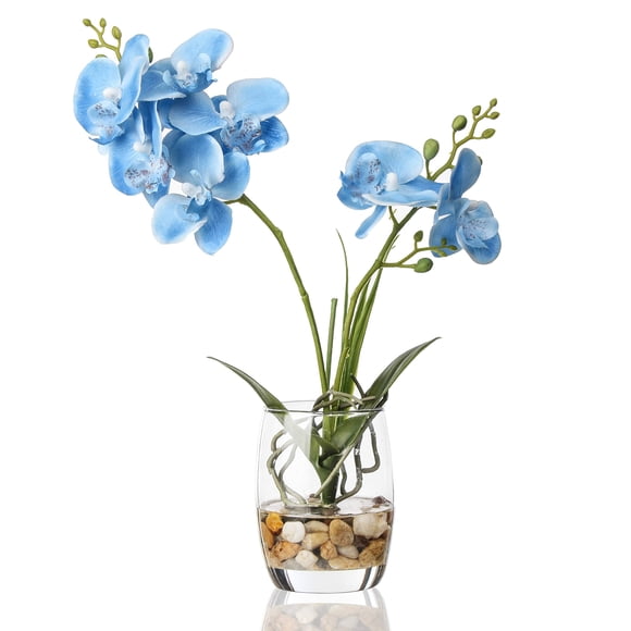Jarrón de cristal con forma de orquídea artificial Jusdreen Blue, 37 cm