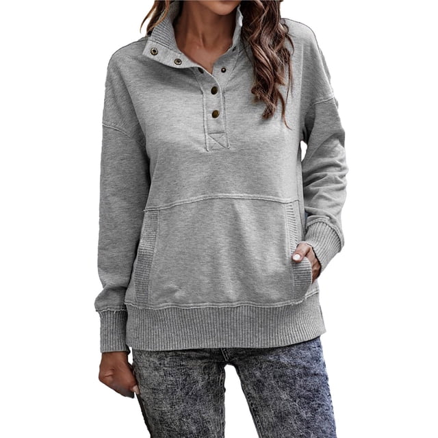 Gibobby Sudadera con forro polar Mujer Sudadera sin capucha de manga larga de color sólido con botón de bolsillo para mujer para la temporada de otoño e invierno (Gris, XXL)