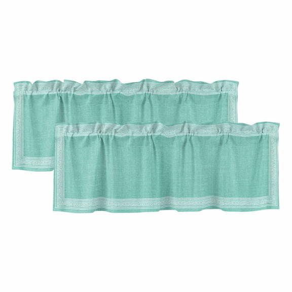 Bluish Green Retro Greek Key Valances for Windows, Decorative Rod Pocket Window Valance Curtains, Greece Ancient Rustic Geometric Short Curtain Drapes for Kitchen/Living Room, 2 Panels, 42" W x 12" L