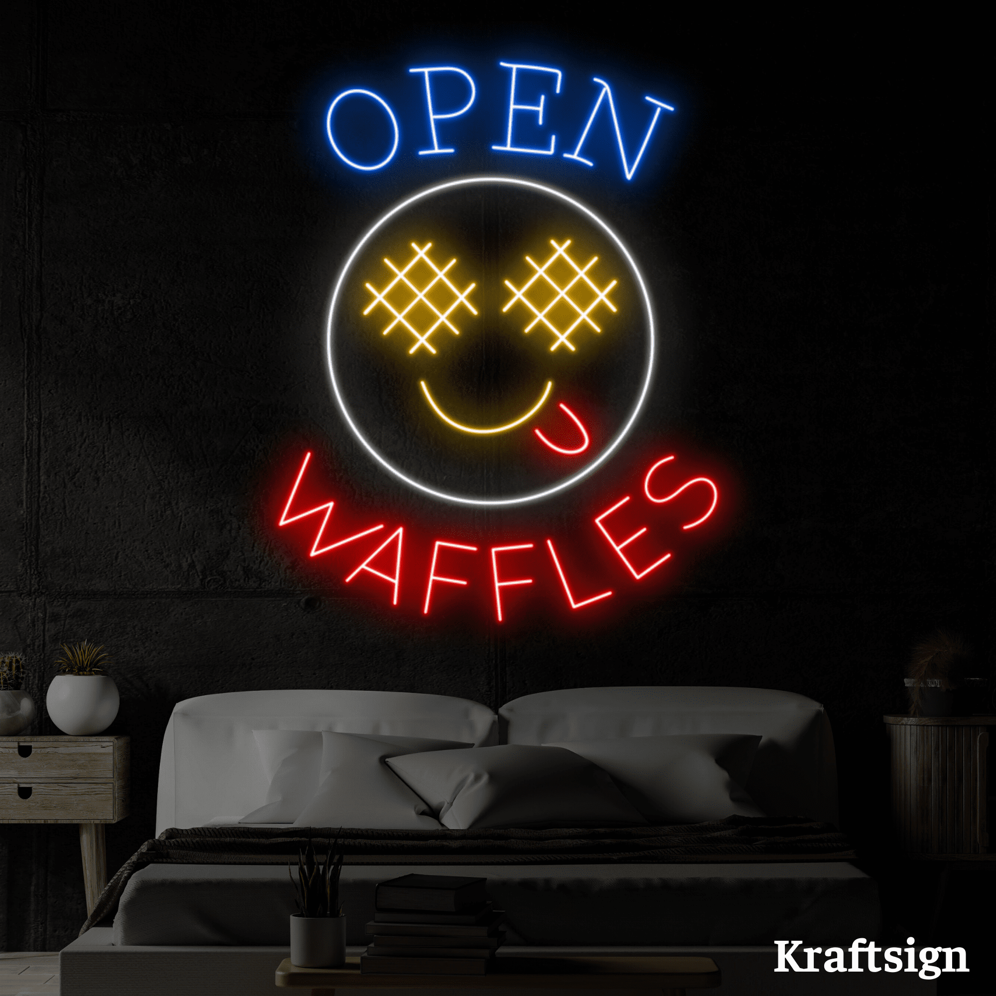 Craftnamesign Waffles Neon Signs, Open LED Sign, Waffles Bakery Shop Decor