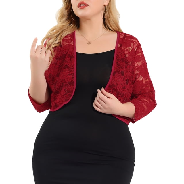GRACE & GRANDEUR Juniors' Plus Size Lace Crop Shrug Cardigan