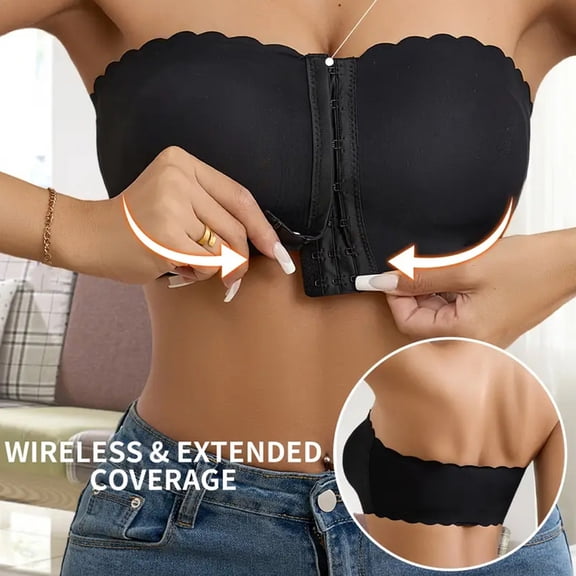 Wiyuqeen Women's Strapless Front Closure Bra Non-Slip Padded Bandeau Bras Scallop Trim Seamless Tube Top Bralettes