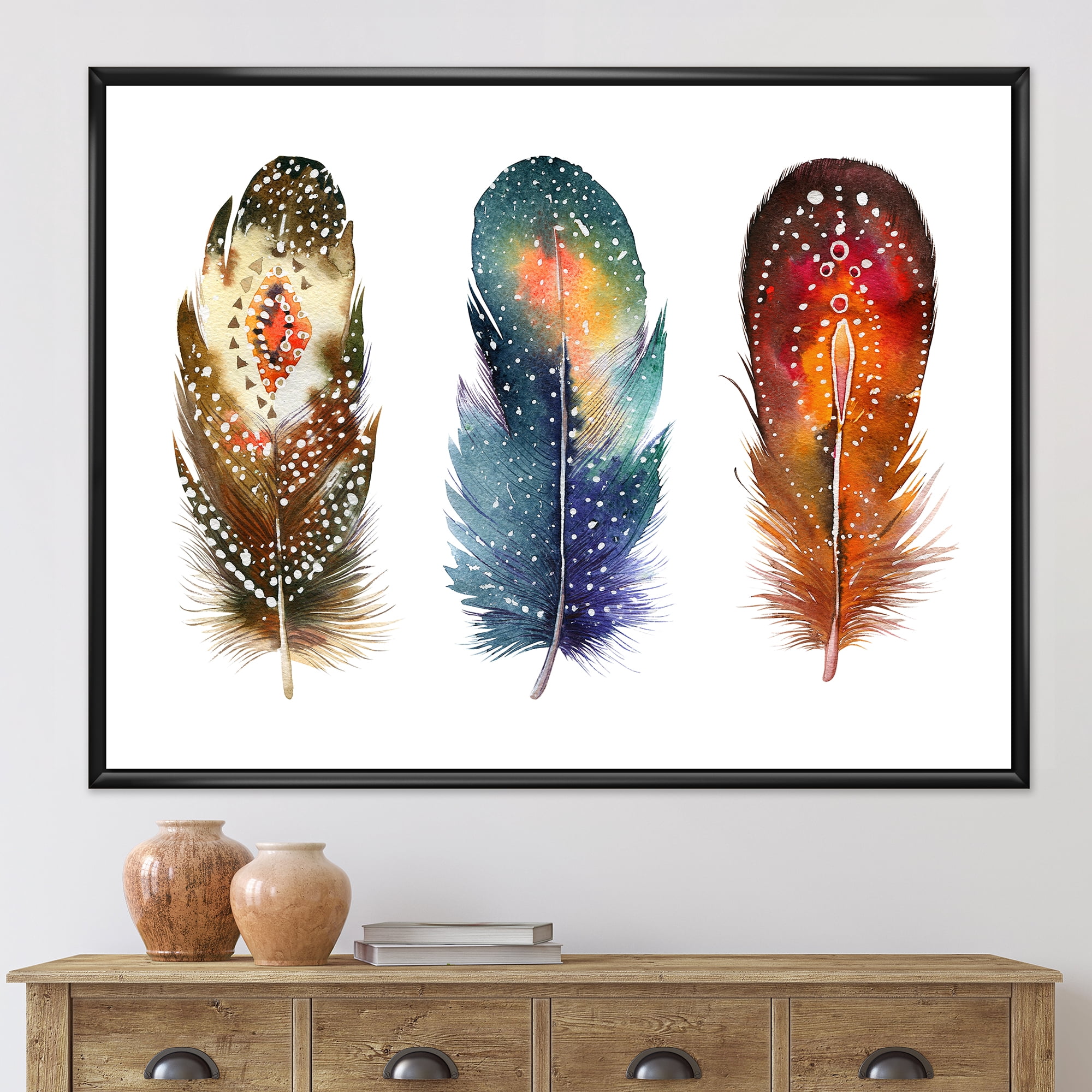Designart 'Colourful Boho Art Feather Set IX' Bohemian & Eclectic Framed Canvas Wall Art Print