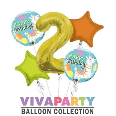 Happy Birthday Llama Round Balloon Bouquet 5 pc, 2nd Birthday, Gold Number 2 Jumbo Balloon | Viva Party Balloon Collection