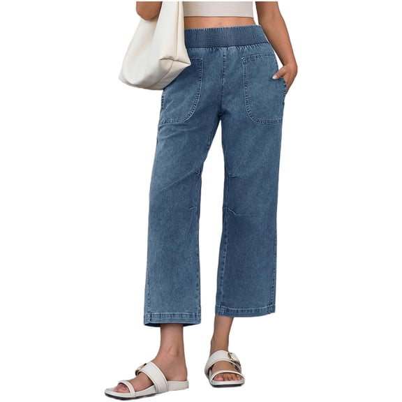 Elastic High Waist Women Wide Leg Loose Denim Pants Ankle Jeans