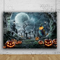 SUNOLIFE Halloween Backdrop Banner Horror Moon Night Pumpkins Photo Background Banner 7x5ft
