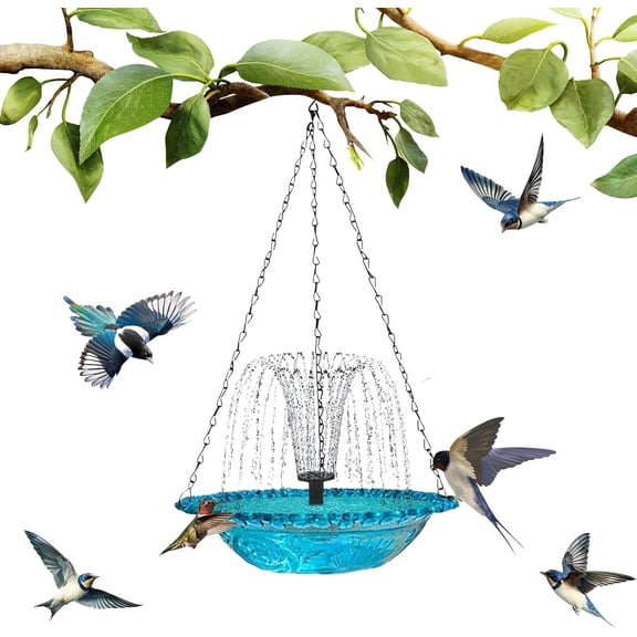 Solar Cascade Hanging Bird Bath Fountain – Outdoor Hanging Bird Bath with Solar Pump & Glass Bowl – Attracting Wild Birds and Hummingbirds – for Garden, Backyard, Patio, Lawn –Blue 1