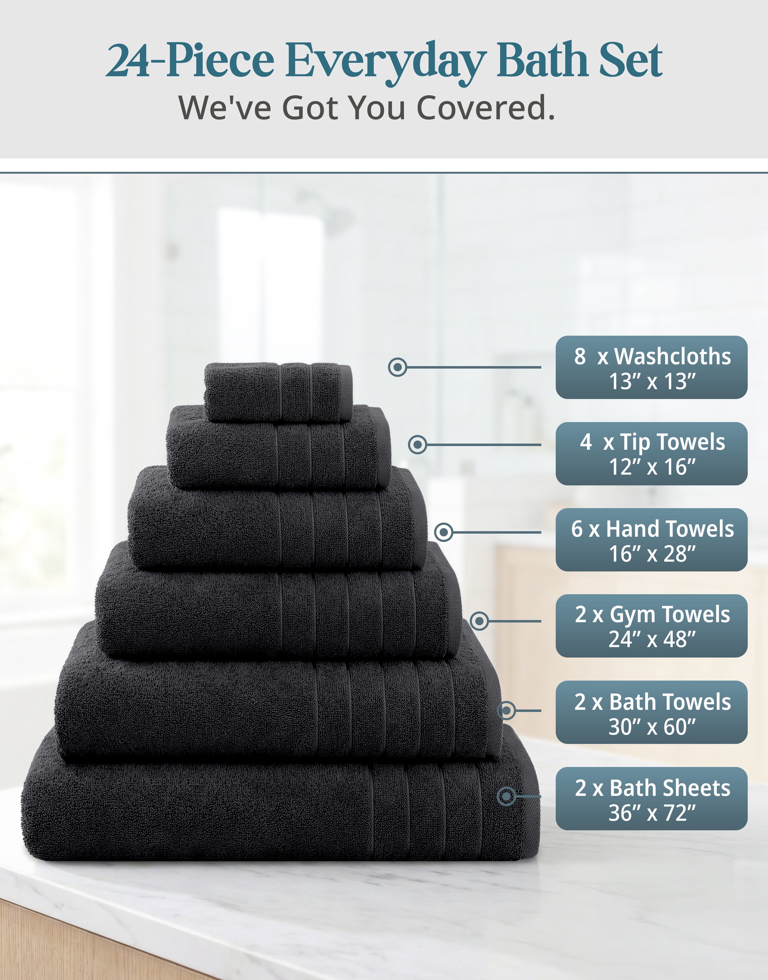 Casa Platino 24-Pack Towels for Bathroom – 100% Ring-Spun Cotton, 2 Bath Sheets, 2 Gym Towel, 2 Bath, 4 Fingertip, 6 Hand, 8 Washcloths, Quick-Dry Absorbent, Spa Quality – Black