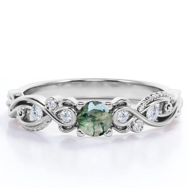 JeenMata Anillo Compromiso Filigrana Victoriano 7 Piedras 1,75 ct Brillante Redonda Ágata Verde Musgo Veteada Moissanita Baño Oro Blanco 18 K Plata