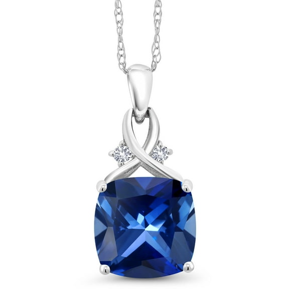 Gem Stone King 10K White Gold Blue Created Sapphire and White Created Sapphire Pendant Necklace for Women (5.38 Cttw, Gemstone September Birthstone, Cushion Cut 10MM, with 18 inch Chain)