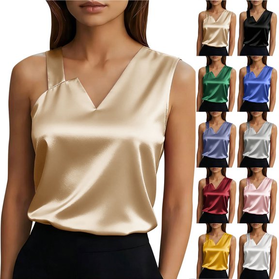 Otntypg Women's Silk Satin Camisole Tank Tops Trendy Solid Color Dressy Casual V Neck Pleated Sleeveless Tunic Blouses Summer Business Work Shirts Black XXXL