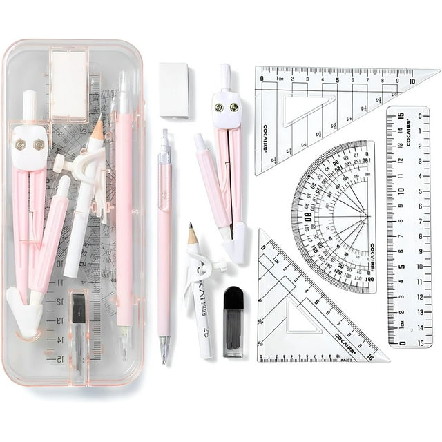 XINQIHANG Math Geometry Kit Set, 9 PCS Compass Geometry Sets Student Maths Tool Shatterproof Box Includes Protractor Set, Rulers, Eraser, Lead Refills, Pencil for Drafting and Drawings (Pink)