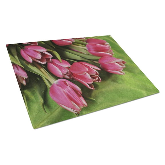Caroline's Treasures Pink Tulips Glass Cutting Board Large
