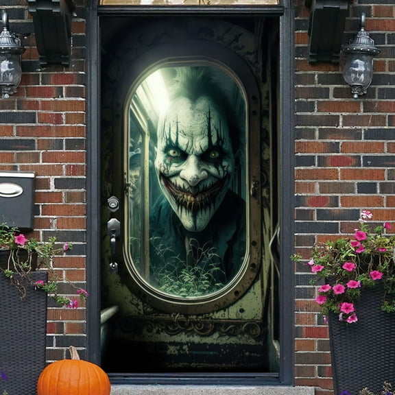 Clown Ghost Door Cover Halloween Door Decorations 79 x 35 Inches Scary Clown Ghost Window Decals Creepy Photo Posters Banner Backdrop Halloween Wallpaper Sticker for Door Window (Horrible Clown)