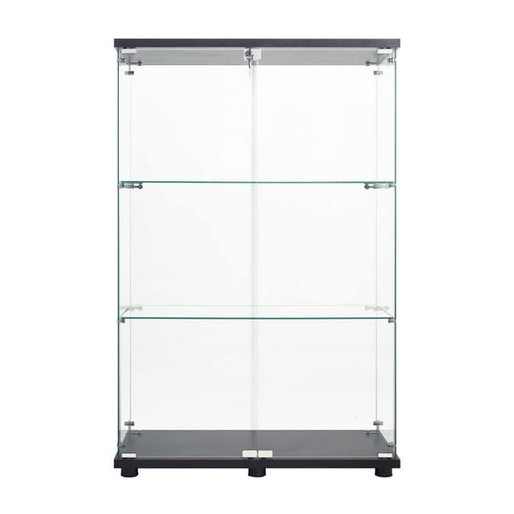 Living Room Cabinets Two Door Glass Cabinet Glass Display Cabinet with 3 Shelves, Black,Wooden Cabinets