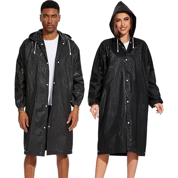 OFEFE Raincoat, 2 Pack Black Reusable Rain Ponchos for Adults Travel Rain Coats Hooded Raincoats for Women/Men with Drawstring