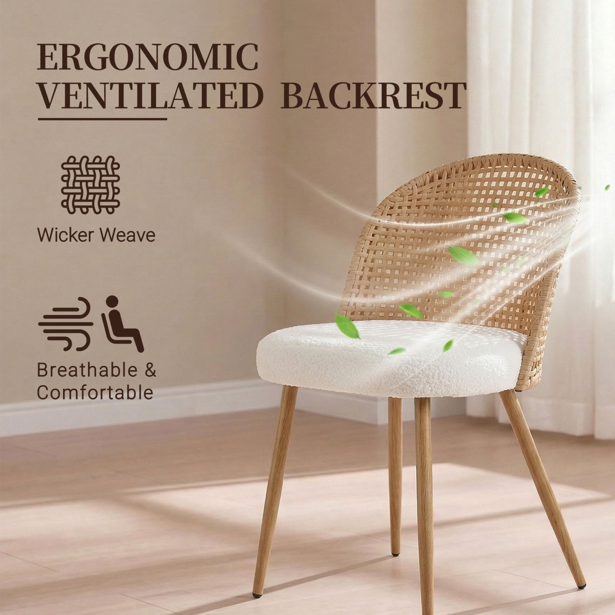 Leumius Set of 2 Wicker Dining Chairs, Farmhouse Soft Cushioned Cane Back Kitchen Chair, Sponge Cushion, Bohemian Style Dining Chair with Metal Legs for Home and Kitchen (Brown)