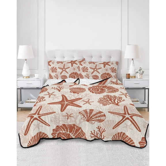 Quilts King Size, Burnt Orange Coastal Summer Soft Comforter Bedding Set for Bed, Coral Shell Starfish Vintage Lightweight Quilted Bedspread with Pillow Cover(2 Pieces) for All Season, 96x106 Inch