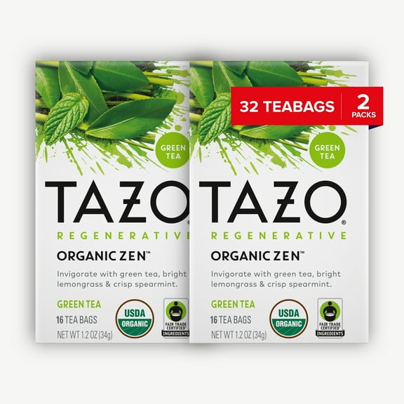 TAZO Organic Zen Green Tea, Caffeinated Refreshing Blend, 16 Tea Bags Per Pack, Pack of 2