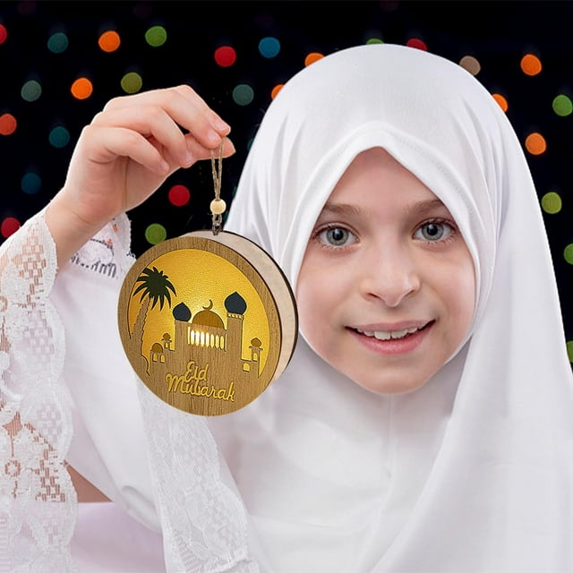 Luz nocturna de madera LED Ramadán, Colgante luminoso de símbolo musulmán, Decoración festiva para el hogar, Regalo para niños, Resplandor amarillo cálido, Funciona con baterías, Diseño grabado