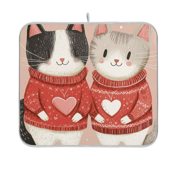 Cute Cats in Valentine's Day Dish Drying Mat Absorption Pad Kitchen Drainer for Counter Dinning Table 16" x 18"