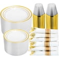 thumbnail image 1 of 50 Guest Gold Dinnerware Set-100 White Square Plastic Plates with Gold Rim, 50 Gold Plastic forks, 50 Spoons, 50 Knives, 50 Cups, 50 Napkins-Disposable Dinnerware Set for Wedding, 1 of 8