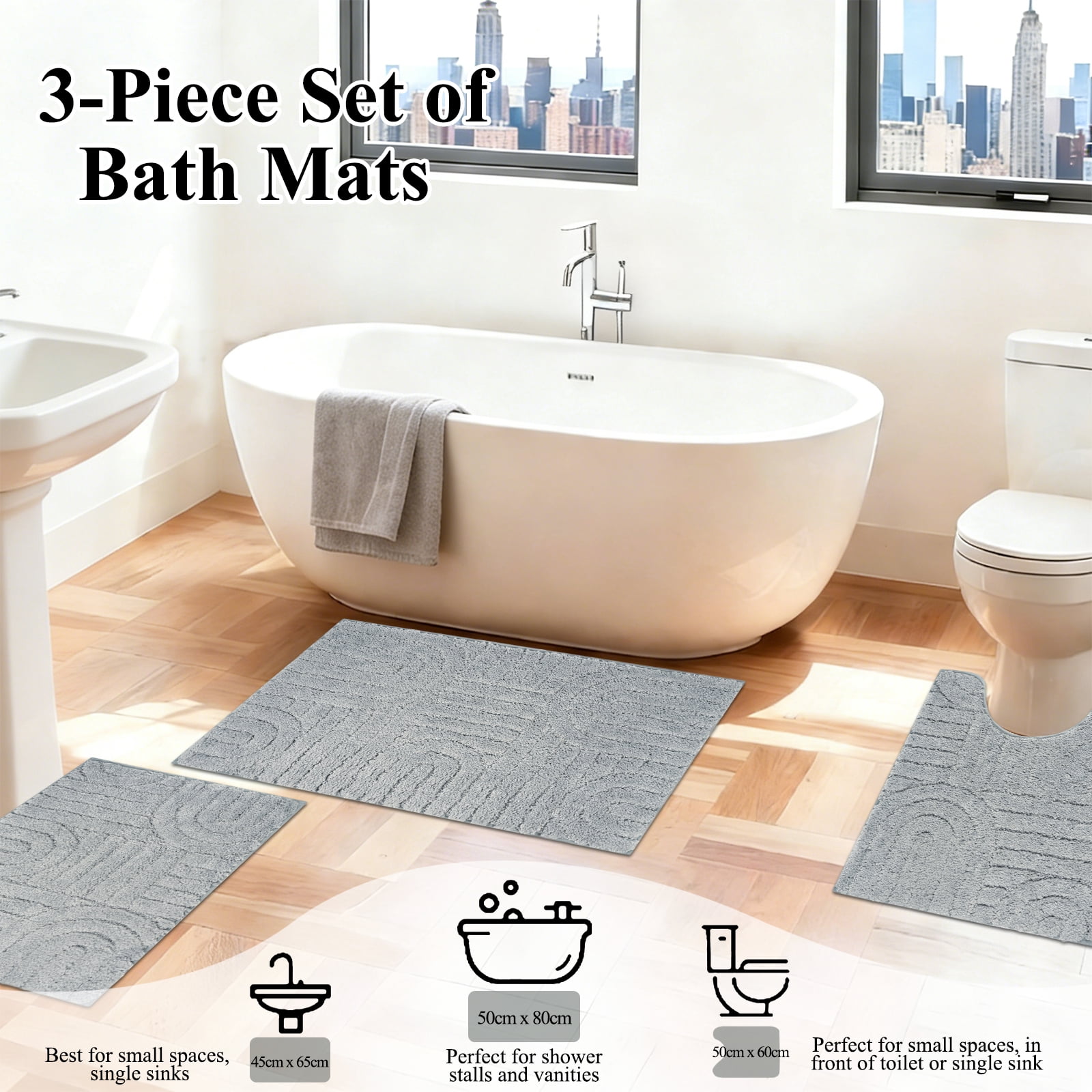 Aonewoe Bath Mat Sets 3 Piece Microfiber Bathroom Mat Sets Water Absorbent Washable Non Slip Bath and Toilet Rug Set for Bathrooms Decor（Gray）
