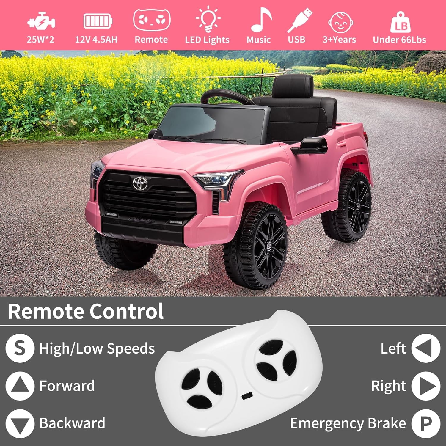 NEILA Toyota Licensed 12V Kids Ride on Truck Car Battery Powered Electric Fun Toys with Remote Control, Spring Suspension, 3 Speeds, LED Lights, Ride on Toy for 3-8 Years Boys & Girls (Pink)