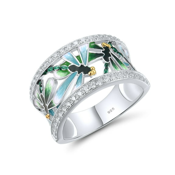 Santuzza 925 Sterling Silver Green Dragonfly Openwork Ring Cubic Zirconia Enamel Dragonfly Ring Vintage Ring for Women