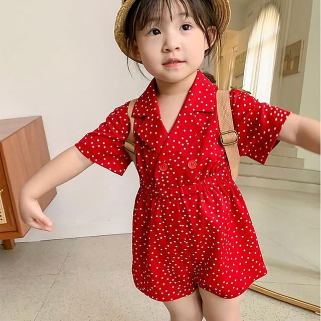 AMERTEER Aosijia Robe Princesse à Pois pour Filles avec Boutons Rétro Été Décontracté Rouge Manches Courtes Volantée Ligne A