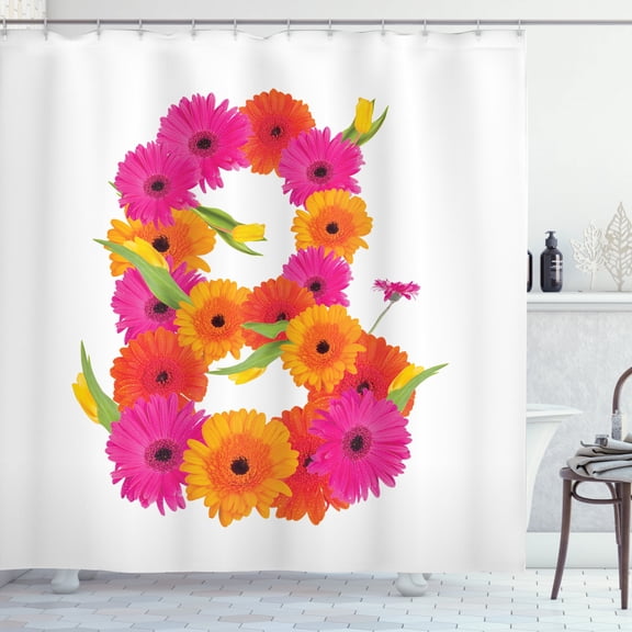 Letter B Shower Curtain, Alphabet Symbol with Gerbera Daisies Summer Garden Themed Initial, Fabric Bathroom Set with Hooks, 69W X 84L Inches Extra Long, Orange Hot Pink and Green, by Ambesonne