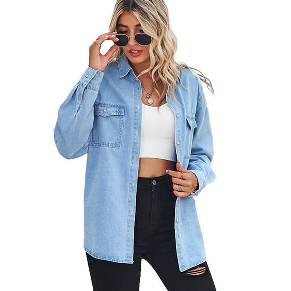 FLMEI Women's Denim Shirt Jackets Button down Shirt Casual Long Sleeve Blouse Tops Womens Light-Coloured with Pocket Jeans Shirt for Spring Autumn S-XL