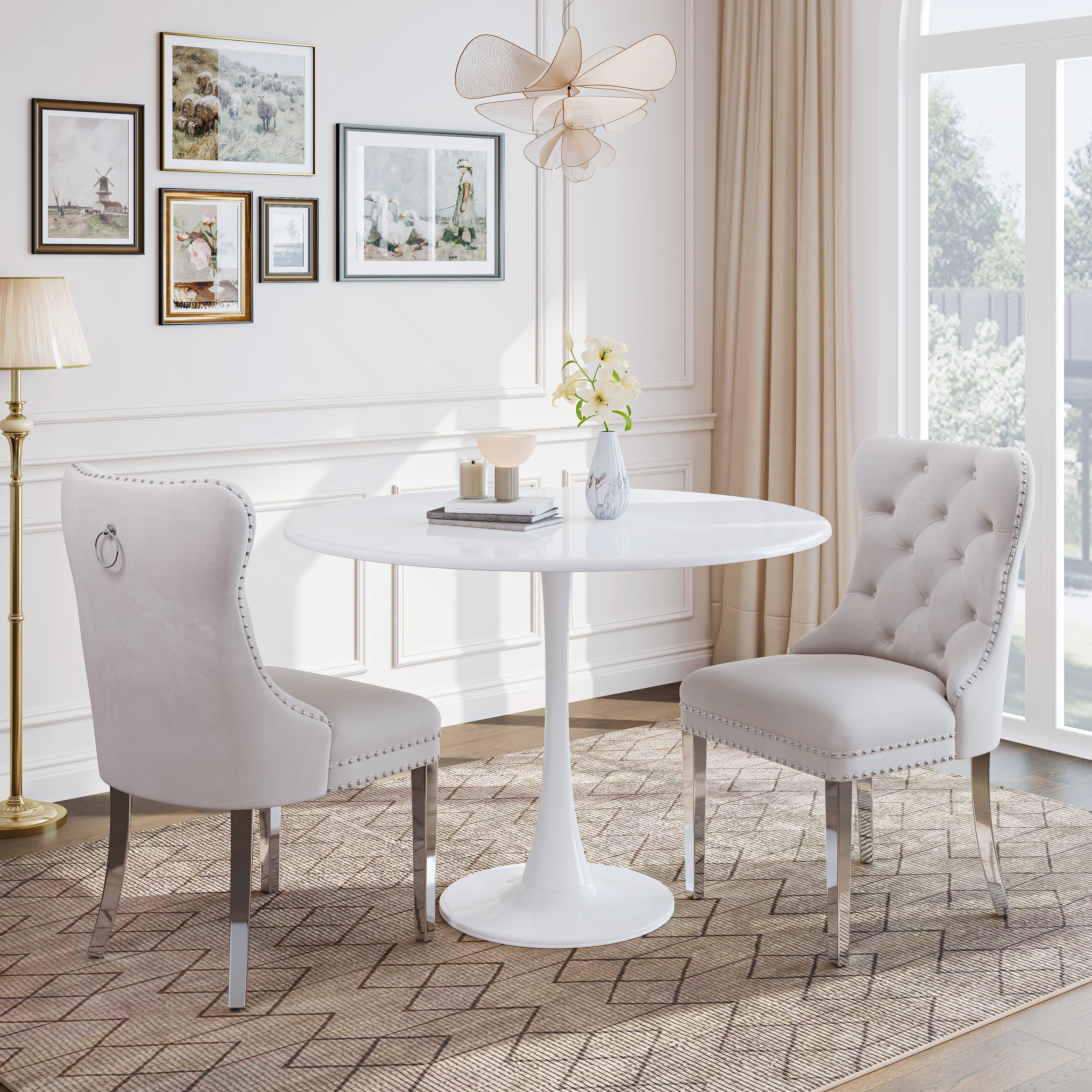 Dining Table Set for 2, 31.5" Round Table with All-Metal Tulip Pedestal Table, Velvet Nailhead Trim Chairs with Stainless Steel Legs, Modern Kitchen Dining Set for Apartment, Small Spaces, White