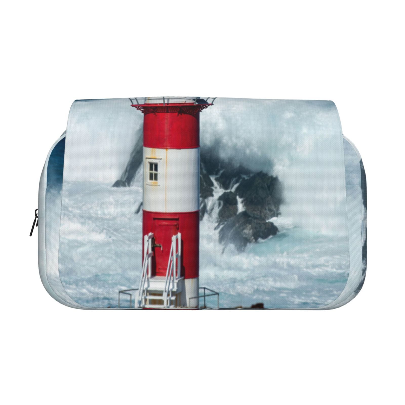 Rateoe Circular Lighthouse Pattern Double Clamshell Pen Case, Storage Organizer with Two Zipper Compartments– Holds Up to 50 Pencils & Pens