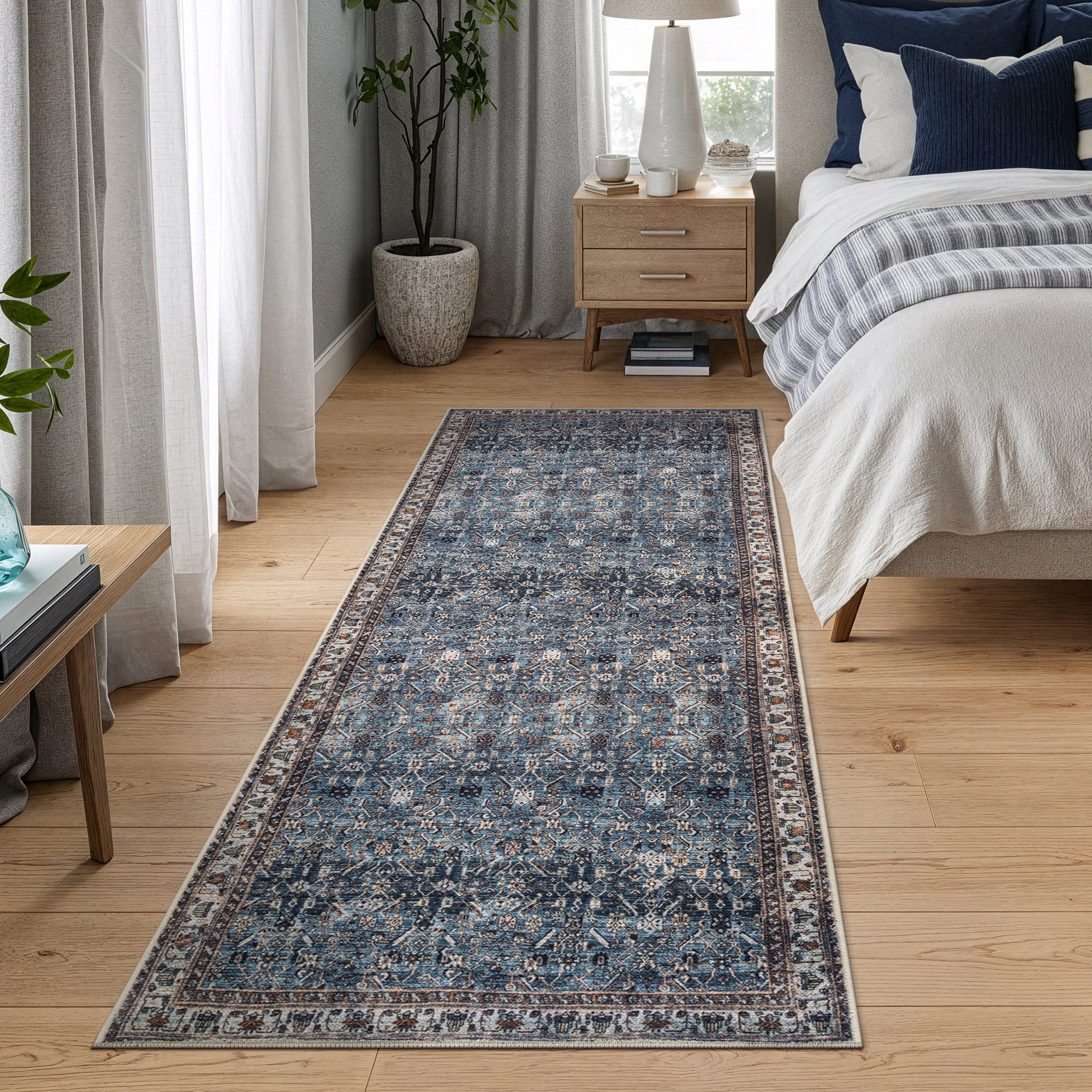 Bloom Rugs Washable Non-Slip 12 ft Runner - Blue / Beige Traditional Oriental Runner for Entryway, Hallway, Bathroom, and Kitchen - Exact size: 2.5' x 12'