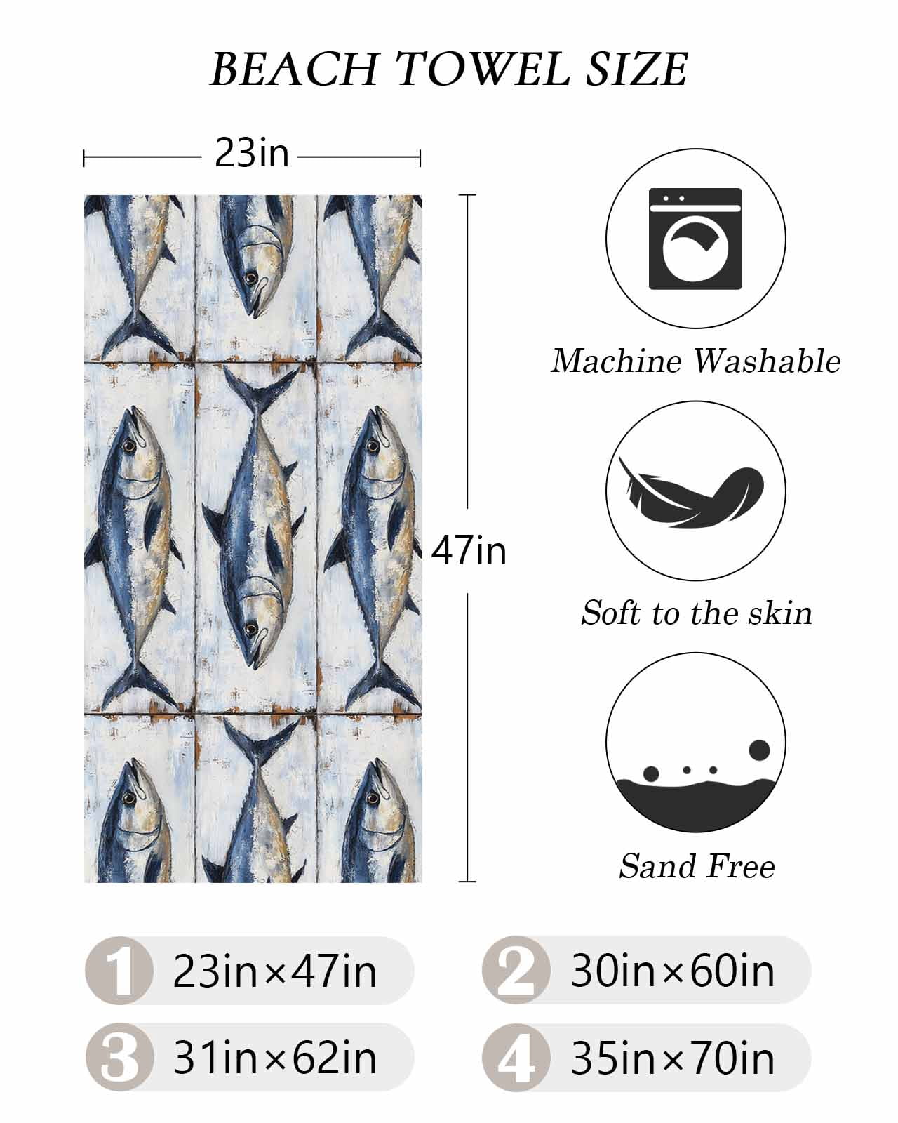 Coastal Fish Beach Towels Oversized Super Absorbent, Oil Painting Ocean Nautical Beach Lightweight Bath Towel Quick Dry Sets For Bathroom/Pool/Rv Camping/Beach Play/Gym Room/Picnic 35"x70"