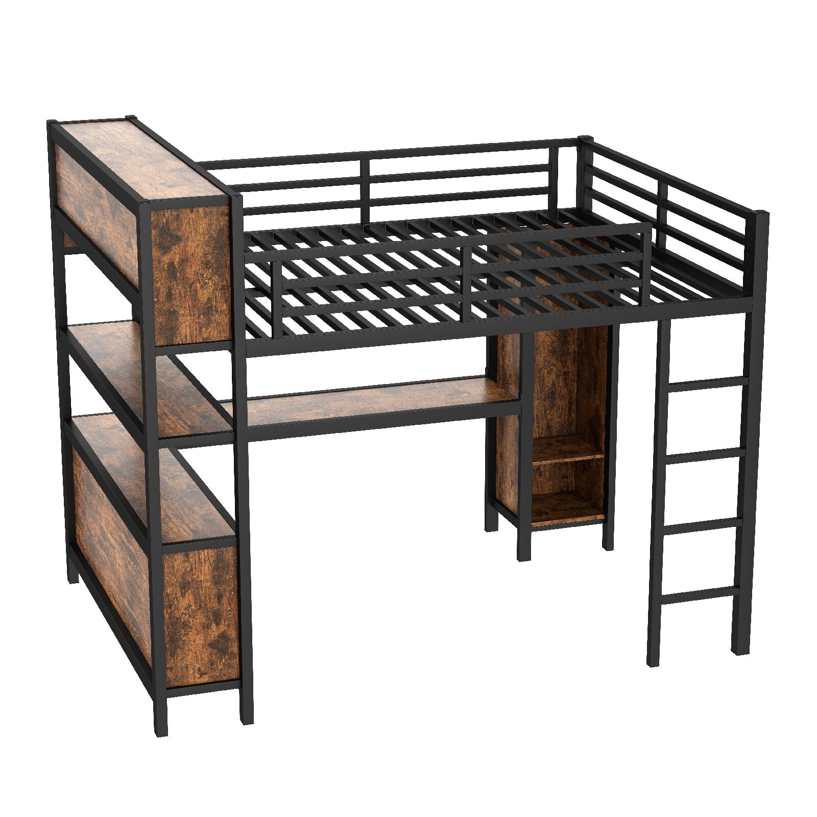 CNMMP Modern Metal Storage Queen Loft Bed with Wardrobe Black Woodgrain