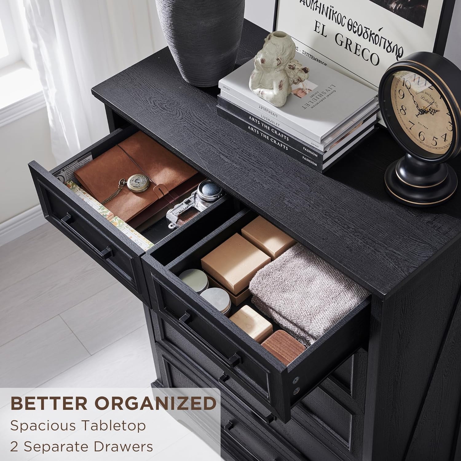 ACCOHOHO 6 Drawer Dresser for Bedroom, Farmhouse 46" High Wooden Country Style Drawer Chest, Wide Metal Handle Pull-out Storage Cabinet, Black