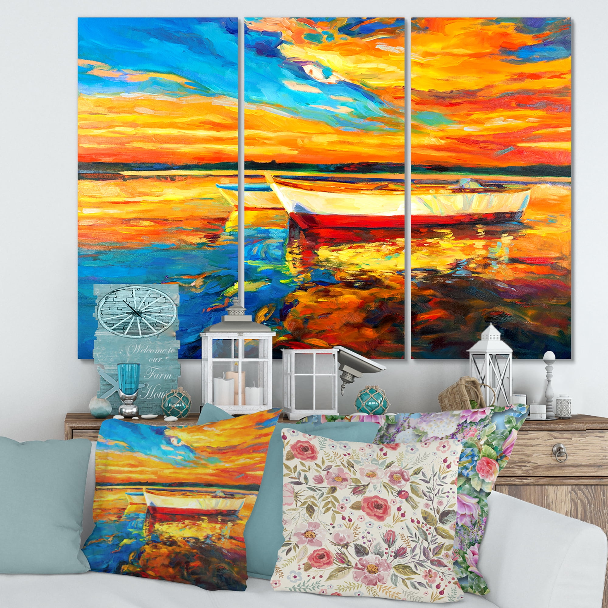 Red and White Boats By The Pier At A VIbrant Sunset 28 in x 36 in Painting Canvas Art Print, by Designart