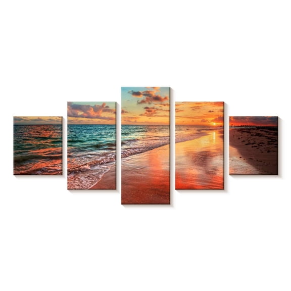 Elephant Stock Colorful Beach Scene Wall Art - Horizontal Multi Panel Canvas - Living Room Wall Decor - Beach Multi Panel - Brown And Orange Decor - 29" x 12"