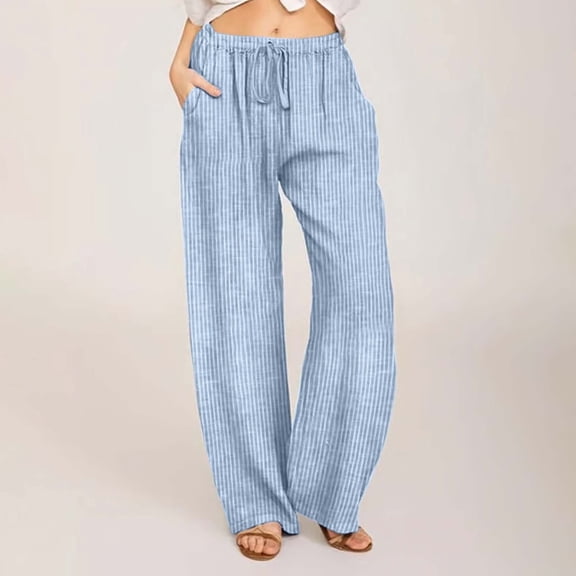 Juslio Womens Linen Pants High Waist Striped Casual,Drawstring Linen Wide Leg Pants L