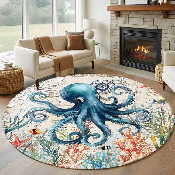 Coastal Octopus Round Rug 5ft Washable Circle Kitchen Rugs Non Slip Summer Vintage Nautical Coral Starfish Large Area Rug Indoor Floor Carpet for Bedroom Living Room Home Office Dining Room Nursery