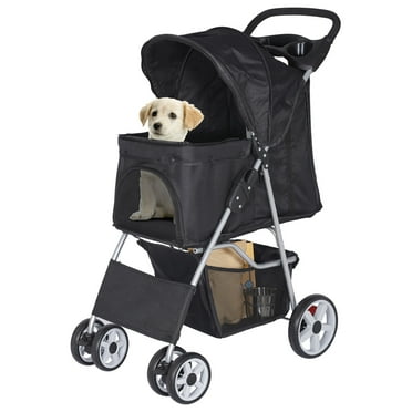 SparkTrend 4 Wheels Pet Stroller for Dogs/Cats, Cat Dog Cage Stroller, Travel Folding Carrier with Removable Liner & Storage Basket & Cup Holder, for Small-Medium Dog, Cat - Black