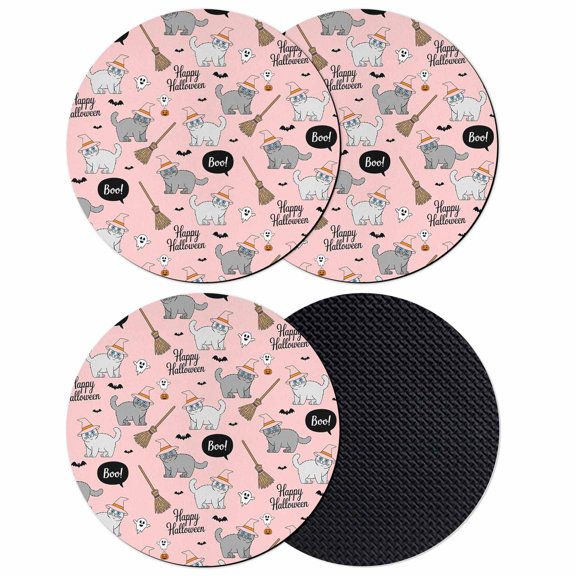 Pink Halloween Coasters Set of 4, Absorbent Coasters for Drinks, Cat Bat Ghost Pumpkins Coaster for Desk Coffee Table Protection, Home Decor House Warming Gifts 4"