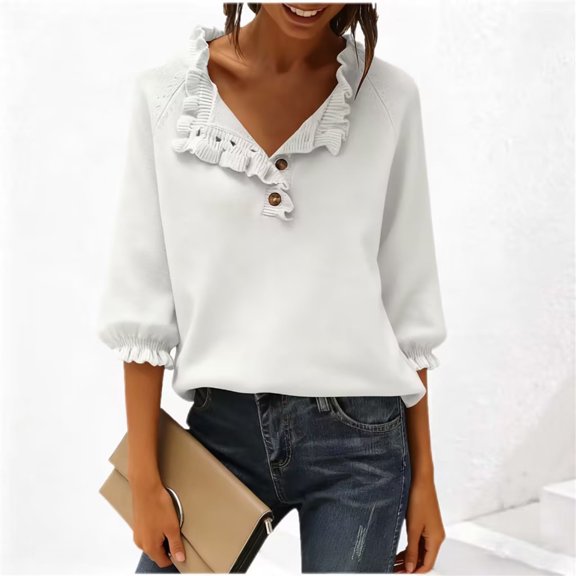 YueHuiYing Women V-Neck Long Sleeve Button-Accented Ruffle-Trimmed Casual Pullover Knitted Sweater Top