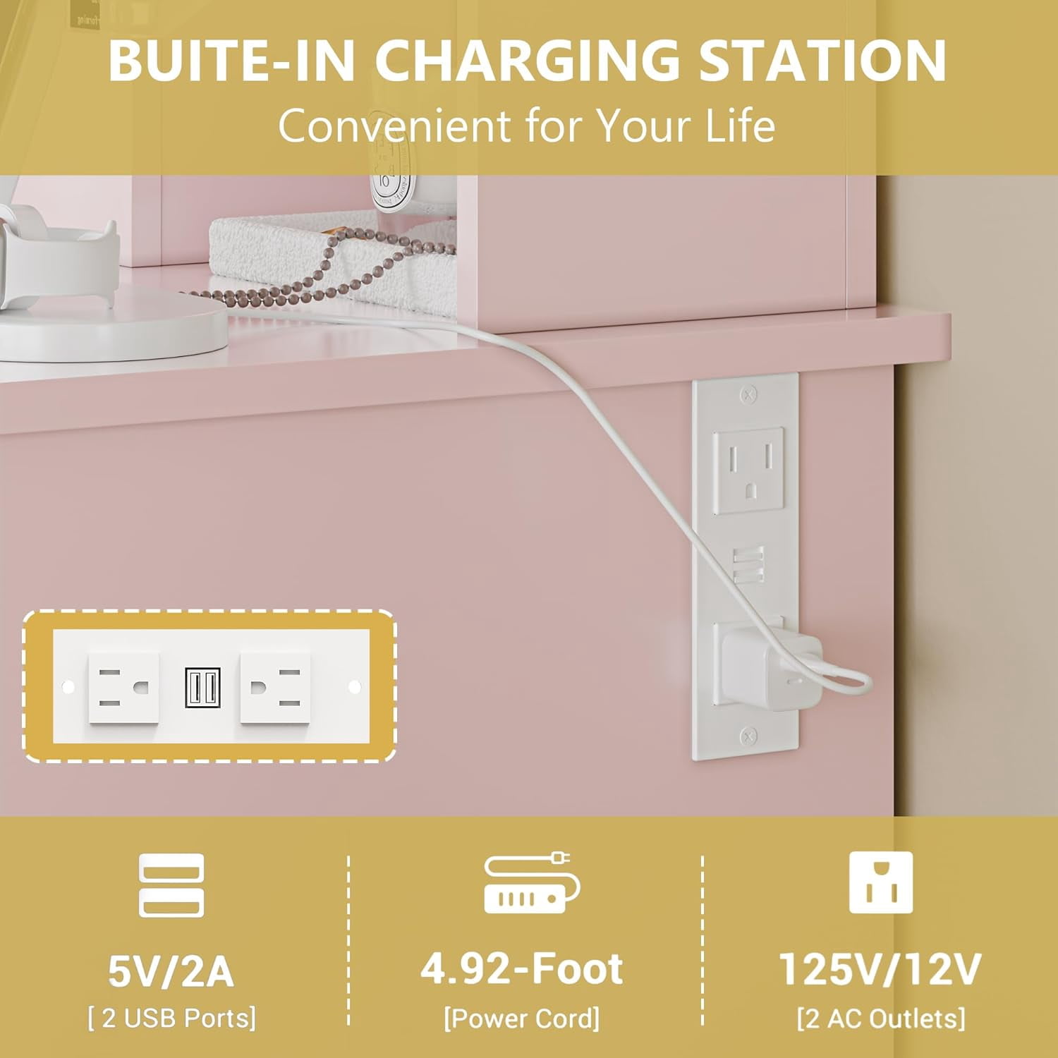 FANRAL 43'' Vanity Desk with 10 LED Lights,Under-Table RGB Strip & Built-in Power Station,Multi-Storage Makeup Table for Bedroom Bathroom Grooming,Pink Vanity