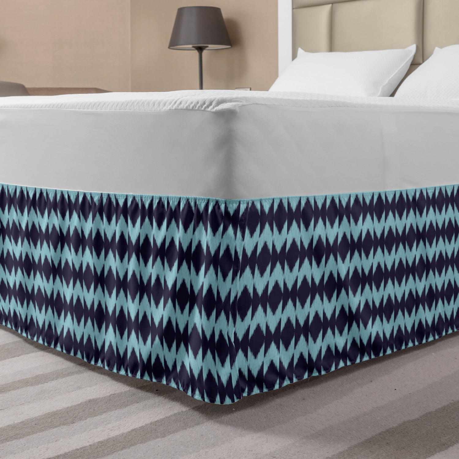 Navy Bed Skirt, Diamond Shaped Blurry Ikat Pattern Chevron Effects