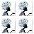 thumbnail image 1 of Retro Coaster Set of 4, Illustration of a Flower Haired Girl and Snowflakes Design Pattern Print, Square Hardboard Gloss Coasters, Standard Size, Slate Blue and Black, by Ambesonne, 1 of 2