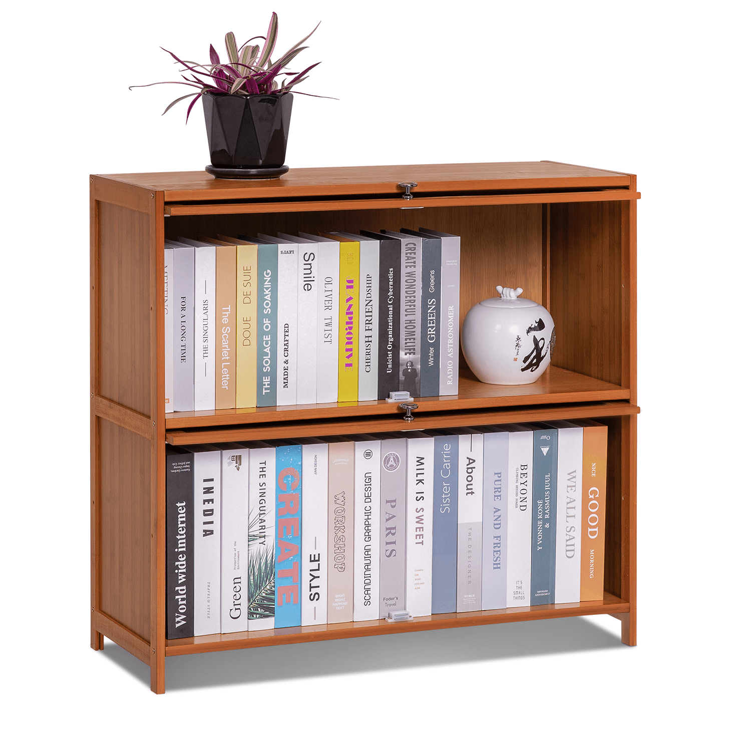 MoNiBloom Bamboo 2 Tiers Bookcase, with Flip Doors Free Standing
